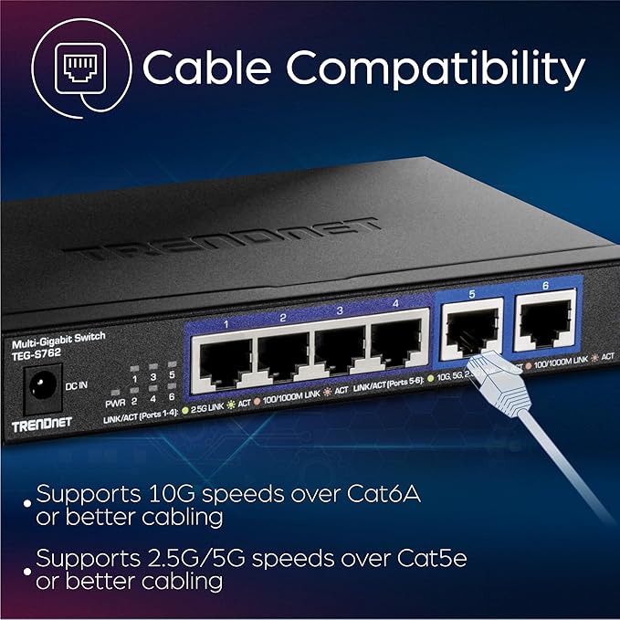 TRENDnet 6-Port 10G Switch, 4 x 2.5G RJ-45 Base-T Ports, 2 x 10G RJ-45 Ports, 60Gbps Switching Capacity, Wall Mountable, 10 Gigabit Network Connections, Lifetime Protection, Black, TEG-S762