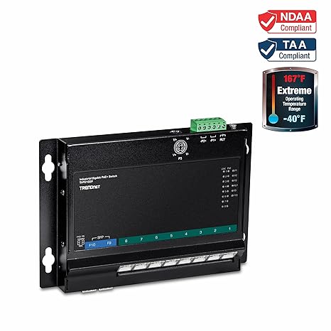 TRENDnet 10-Port Industrial Gigabit PoE+ Wall-Mounted Front Access Switch, TI-PG102F, 8x Gigabit PoE+ Ports, 2 x Gigabit SFP Slots, 240W PoE Budget, DIN-Rail & Wall Mount Brackets Included, IP30 Rated