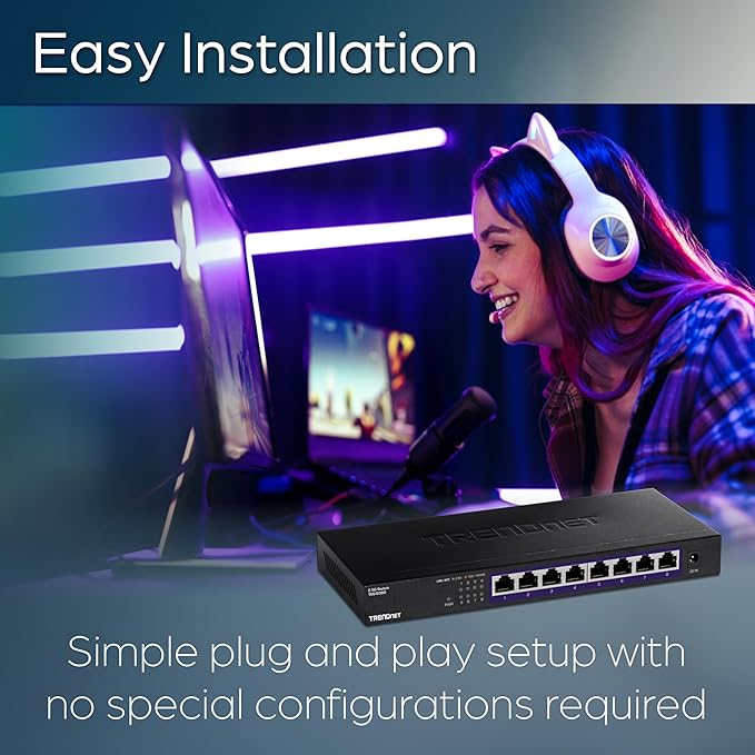 TRENDnet 8-Port Unmanaged 2.5G Switch, 8 x 2.5GBASE-T Ports, 40Gbps Switching Capacity, Backwards Compatible with 10-100-1000Mbps Devices, Fanless, Wall Mountable, Black, TEG-S380
