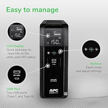 APC by Schneider Electric UPS, 1500VA Sine Wave UPS Battery Backup & Surge Protector, BR1500MS2 Backup Battery with AVR, (2) USB Charger Ports, Back-UPS Pro Uninterruptible Power Supply