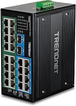TRENDnet 26-Port Hardened Industrial Unmanaged Gigabit DIN-Rail Switch, TI-PG262, 16 x Gigabit PoE+ Ports, 8 x Gigabit RJ-45 Ports, 2 x SFP Ports, IP30, Lifetime Protection, Black