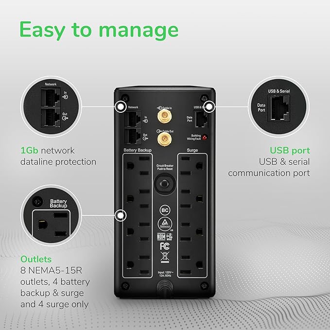 APC UPS 1000VA UPS Battery Backup and Surge Protector, BX1000M Backup Battery Power Supply, AVR, Dataline Protection