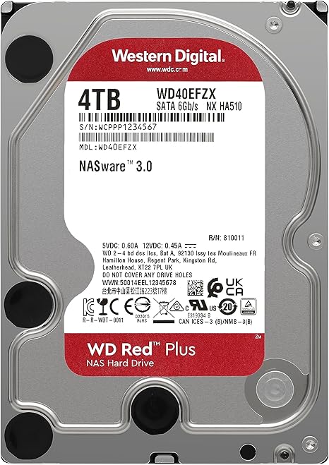 Western Digital 4TB WD Red Plus NAS Internal Hard Drive HDD - 5400 RPM, SATA 6 Gb/s, CMR, 128 MB Cache, 3.5
