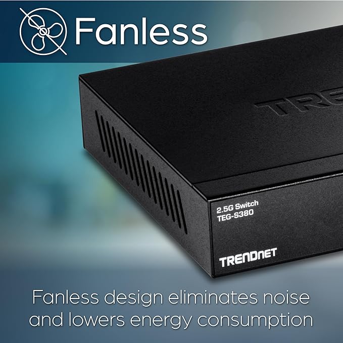 TRENDnet 8-Port Unmanaged 2.5G Switch, 8 x 2.5GBASE-T Ports, 40Gbps Switching Capacity, Backwards Compatible with 10-100-1000Mbps Devices, Fanless, Wall Mountable, Black, TEG-S380