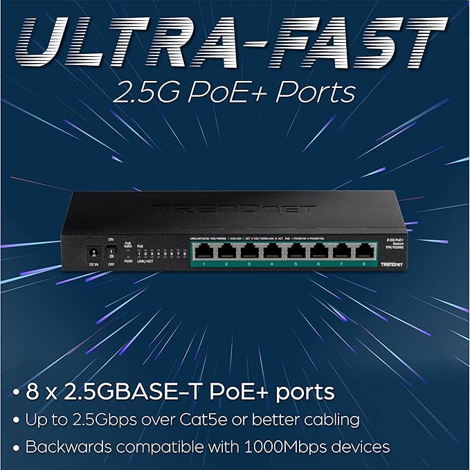 TRENDnet 8-Port Unmanaged 2.5G PoE+ Switch, Fanless, Compact Desktop Design, Metal Housing, 2.5GBASE-T Ports, IEEE 802.3bz, 100W PoE Budget, Black, TPE-TG380
