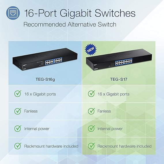 TRENDnet 16-Port Gigabit Switch, TEG-S17, 16 x Gigabit RJ-45 Ports, 32Gbps Switching Capacity, Fanless Design, Metal Enclosure, Internal Power Supply, Lifetime Protection, Black