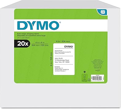 DYMO Authentic LabelWriter Extra-Large Shipping Labels for LabelWriter Label Printers, White, 4'' x 6'' (1744907), 20 rolls of 220