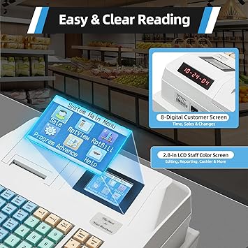 Electronic Cash Register,48 Key POS System Cash Register with Cash Box,LED Display and Thermal Printer,Commercial Restaurant Cash Register for Small Businesses,Retailer,Supermarket,Grocery