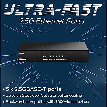 TRENDnet 5-Port Unmanaged 2.5G Switch, 5 x 2.5GBASE-T Ports, 25Gbps Switching Capacity, Backwards Compatible with 10-100-1000Mbps Devices, Fanless, Wall Mountable, Black, TEG-S350