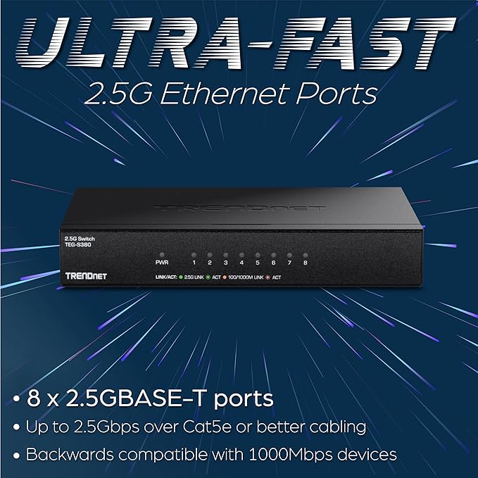 TRENDnet 8-Port Unmanaged 2.5G Switch, 8 x 2.5GBASE-T Ports, 40Gbps Switching Capacity, Backwards Compatible with 10-100-1000Mbps Devices, Fanless, Wall Mountable, Black, TEG-S380