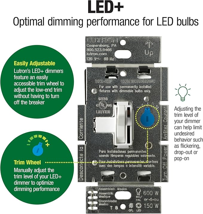 Lutron Toggler LED+ Dimmer Switch for Dimmable LED, Halogen and Incandescent Bulbs, 150 Watt, Single-Pole or 3-Way, TGCL-153P-WH-3, White, 3 Pack