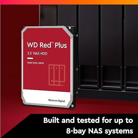 Western Digital 8TB WD Red Plus NAS Internal Hard Drive HDD - 7200 RPM, SATA 6 Gb/s, CMR, 256 MB Cache, 3.5" - WD80EFBX