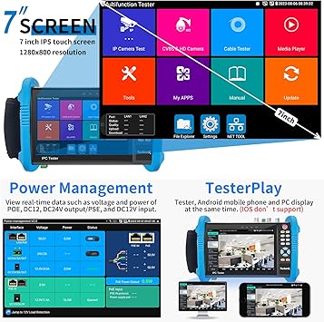 Rsrteng IPC-9800ADHS Plus CCTV Camera Tester 7-inch IPS Touch Screen Monitor CCTV Tester with HDTVI/HDCVI / AHD/SDI / IP Camera Support POE WiFi 4K H.265 HDMI 8GB TF Card