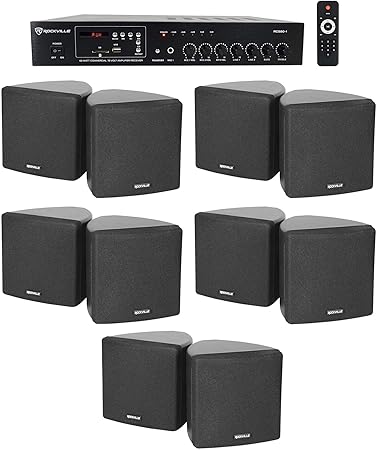 Rockville Commercial Restaurant Bluetooth Amplifier+10 3.5" Black Cube Speakers