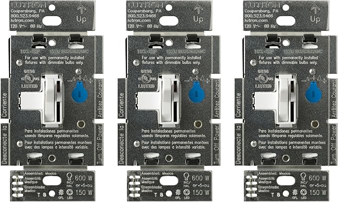 Lutron Toggler LED+ Dimmer Switch for Dimmable LED, Halogen and Incandescent Bulbs, 150 Watt, Single-Pole or 3-Way, TGCL-153P-WH-3, White, 3 Pack