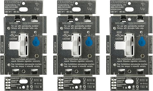 Lutron Toggler LED+ Dimmer Switch for Dimmable LED, Halogen and Incandescent Bulbs, 150 Watt, Single-Pole or 3-Way, TGCL-153P-WH-3, White, 3 Pack