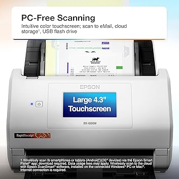 Epson RapidReceipt RR-600W Wireless Desktop Color 2-Sided Receipt & Document Scanner with ScanSmart AI PRO Receipt Management & PDF Software for PC & Mac, Touchscreen & 100-Page Auto Document Feeder