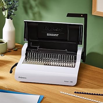 Fellowes Binding Machine for Small Office - Pulsar+ 22-Hole, 300 Sheet Manual Paper Punch Comb Binder Machine with Starter Kit 10 Comb Bindings - Ideal for Office Use - White/Grey