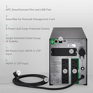 ASUS APC 1500VA Smart-UPS with SmartConnect, Pure Sinewave UPS Battery Backup, Line Interactive, 120V Uninterruptible Power Supply (SMT1500C)