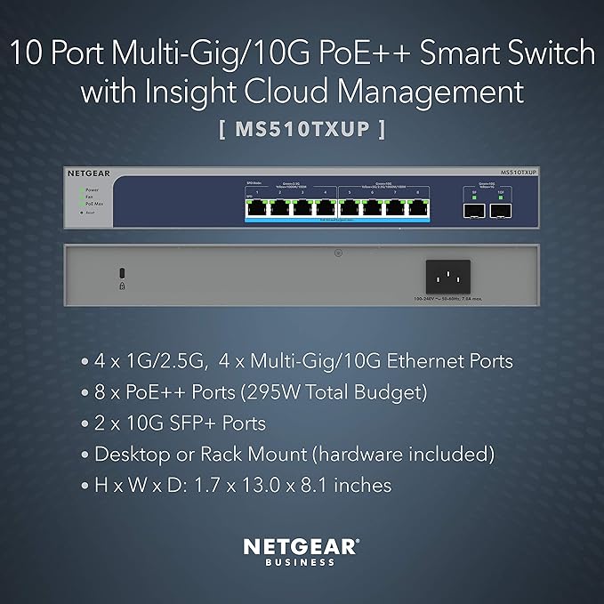 NETGEAR 10-Port Multi-Gigabit/10G Ethernet Smart Managed Pro PoE Switch (MS510TXUP) - with 8 x PoE++ @ 295W, 2 x 10G SFP+, Insight Cloud Management, Desktop/Rackmount, ProSAFE Lifetime Protection