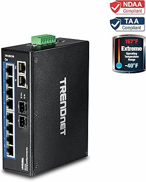 TRENDnet 10-Port Hardened Industrial Gigabit DIN-Rail Switch, DIN-Rail and Wall mounts Included, Dual redundant, RJ-45/SFP, Lifetime Protection, TI-G102