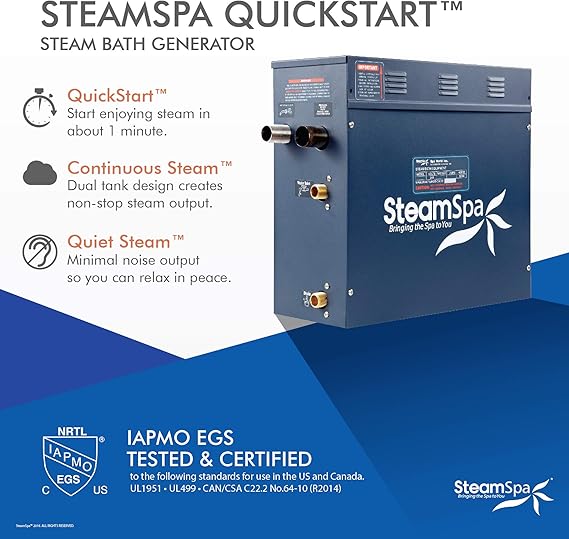 SteamSpa 9kW Steam Sauna Generator Executive Bundle 240V Steam Generator with Touch Pad, Steamheads, Pressure Relief Valve, Built-in Auto Drain, LED Light, Filter and Quick Install Kit EXR900GD-A