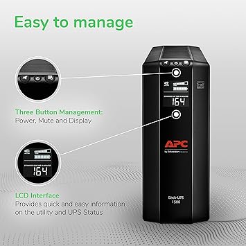 APC 1500VA UPS Battery Backup & Surge Protector, APC UPS Back-UPS Pro (BX1500M)