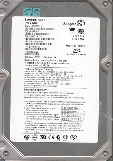 ST3100011A, TK, PN 9W2072-175, FW 3.02, Seagate 100GB IDE 3.5 Hard Drive