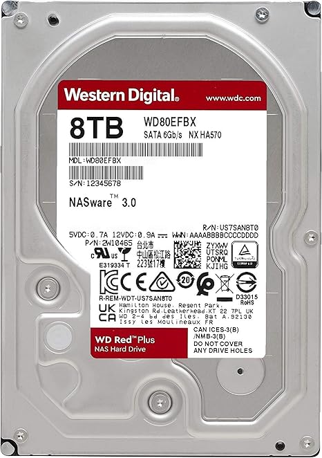 Western Digital 8TB WD Red Plus NAS Internal Hard Drive HDD - 7200 RPM, SATA 6 Gb/s, CMR, 256 MB Cache, 3.5" - WD80EFBX