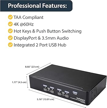 StarTech.com 4 Port DisplayPort KVM Switch - 4K 60Hz - Single Display - Dual Port UHD DP 1.2 USB KVM Switch with Integrated USB 2.0 Hub & Audio - Dell, HP, Apple, Lenovo - TAA Compliant (SV431DPUA2)