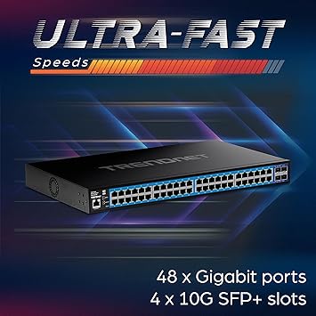 TRENDnet 52-Port Gigabit Web Smart Switch with 10G SFP+ Ports, TEG-3524S, 48 x Gigabit Ports, 4 x 10 SFP+ Ports, Network Ethernet Switch, Lifetime Protection, Black