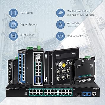 TRENDnet 10-Port Hardened Industrial Gigabit DIN-Rail Switch, DIN-Rail and Wall mounts Included, Dual redundant, RJ-45/SFP, Lifetime Protection, TI-G102