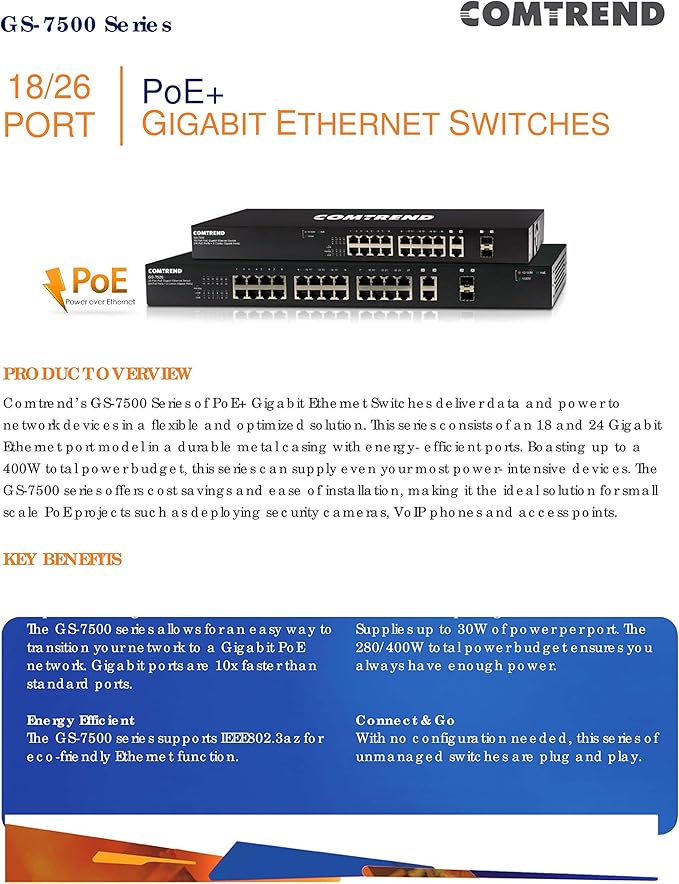 Comtrend GS-7518 18-Port (16 POE+ Ports) High Power PoE+ af/at Gigabit Ethernet Switch with 280W Power Budget