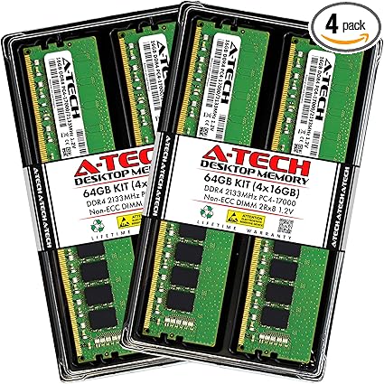 A-Tech 64GB (4x16GB) DDR4 2133 MHz UDIMM PC4-17000 (PC4-2133P) CL15 DIMM 2Rx8 Non-ECC Desktop RAM Memory Modules