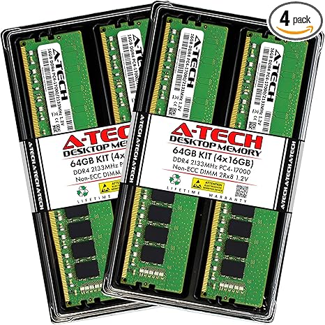 A-Tech 64GB (4x16GB) DDR4 2133 MHz UDIMM PC4-17000 (PC4-2133P) CL15 DIMM 2Rx8 Non-ECC Desktop RAM Memory Modules