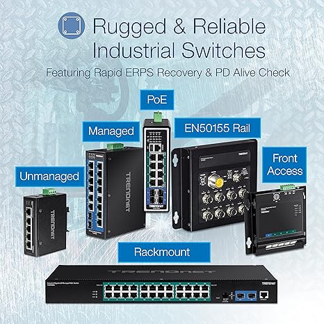 TRENDnet 10-Port Industrial Gigabit PoE+ Wall-Mounted Front Access Switch, TI-PG102F, 8x Gigabit PoE+ Ports, 2 x Gigabit SFP Slots, 240W PoE Budget, DIN-Rail & Wall Mount Brackets Included, IP30 Rated