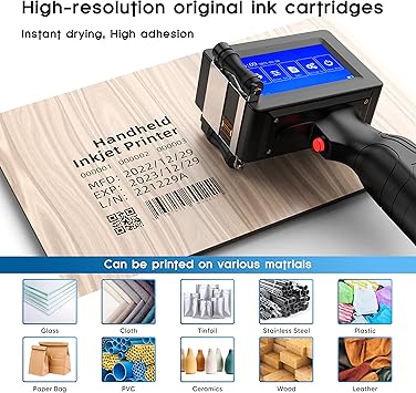 BESHENG Handheld Inkjet Printer JS12H1, Handheld Inkjet Printer Gun with Quick-Drying Ink Cartridge Date Printing Machine for Text/QR Code/Barcode/Batch Number/Label Handheld Printer for Any Surface