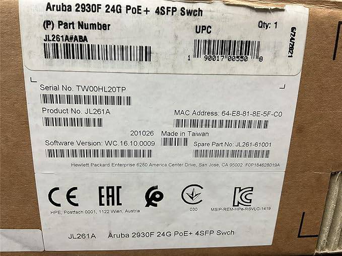 Beaver Computer 2930F-24G-POE 4SFP switch with multiple Ethernet ports and SFP slots, used for network connectivity.