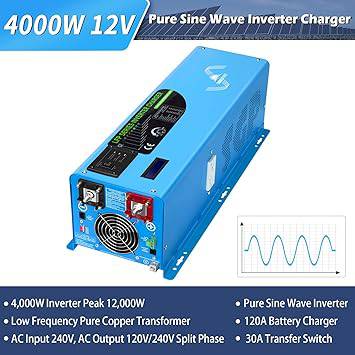 4000W 12V Inverter Charger,Peak 12000W,240Vac Input, 120V/240Vac Output Split Phase,Low Frequency,Pure Sine Wave Inverter, LCD Remote Controller,for Off Grid System(Upgraded Version)