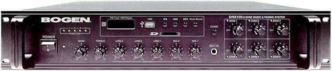 Beaver Computer 6-Zone Music and Paging System DRZ120 with control panel and multiple zone inputs visible.
