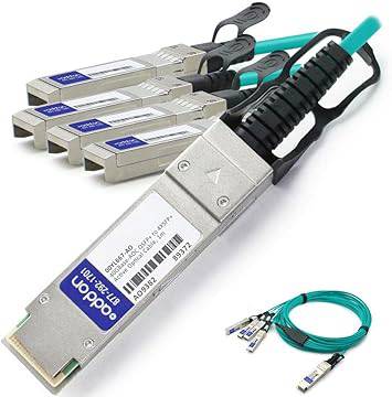 Beaver Computer AddOn IBM 00YL667 compatible 40GBase-AOC QSFP+ to 4xSFP+ active optical cable showing connectors and cable details