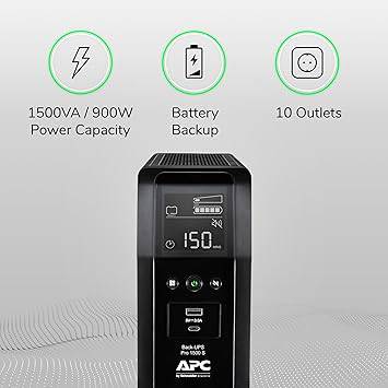 APC by Schneider Electric UPS, 1500VA Sine Wave UPS Battery Backup & Surge Protector, BR1500MS2 Backup Battery with AVR, (2) USB Charger Ports, Back-UPS Pro Uninterruptible Power Supply