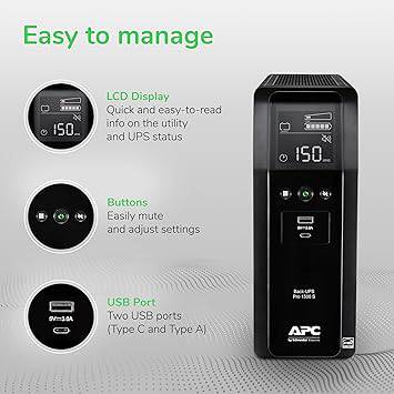 APC by Schneider Electric UPS, 1500VA Sine Wave UPS Battery Backup & Surge Protector, BR1500MS2 Backup Battery with AVR, (2) USB Charger Ports, Back-UPS Pro Uninterruptible Power Supply