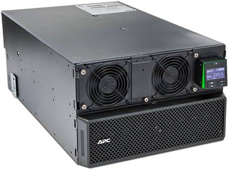 APC SRT10KRMXLT rack-mountable UPS system with cooling fans and connection ports for reliable power backup.