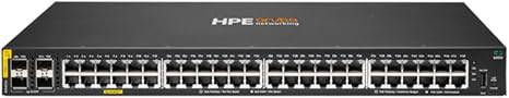 Aruba 6000 48G Class 4 PoE switch with 4 SFP ports and 370W power, shown with front view of network switch.