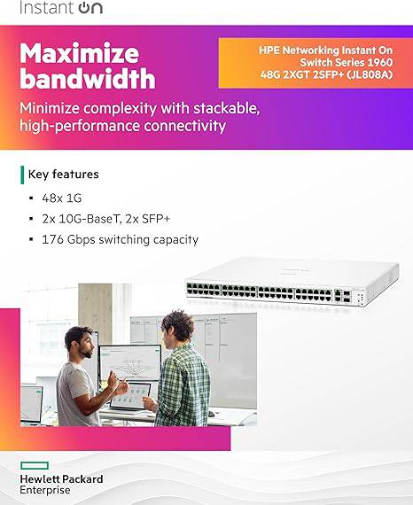 Aruba Instant On 1960 48-Port Gigabit Smart Switch with 2 SFP+ and 2 10GBase-T ports, shown with multiple Ethernet ports and SFP+ slots.