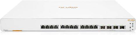 Aruba JL805A Instant On 1960 12XGT 4SFP+ smart switch by Beaver Computer, showing ports and sleek black design.