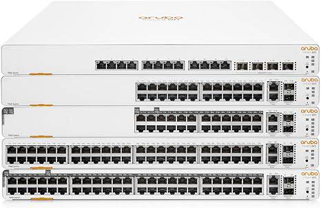 Aruba JL805A Instant On 1960 12XGT 4SFP+ smart switch by Beaver Computer, showing ports and sleek black design.