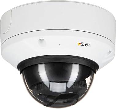 Beaver Computer AXIS 01022-001 outdoor fixed dome network surveillance camera in white, with 28V power, mounted outdoors.