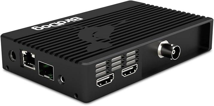 Black BirdDog 4K HDMI NDI encoder-decoder with OLED display, HDMI 2.0, 10Gb SFP port, and high-performance video conversion.